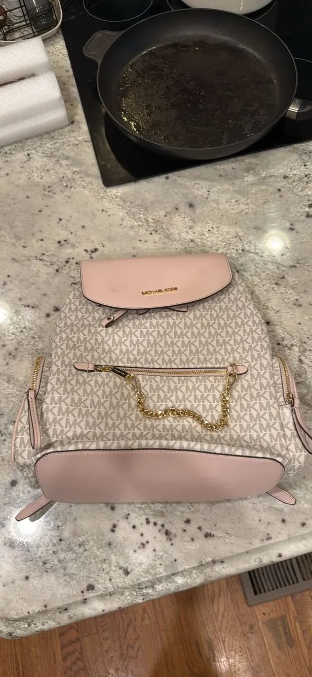Michael Kors Jet Set Large Signature PVC Chain Backpack Blush & Cream NWOT MSR $